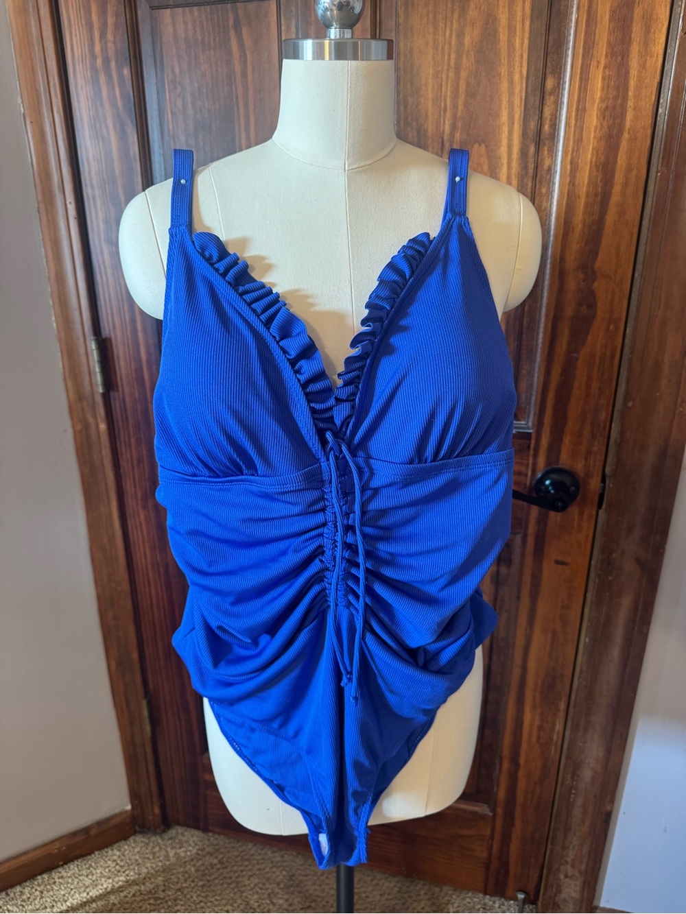 Blue Ruffled Drawstring One-Piece Swimsuit